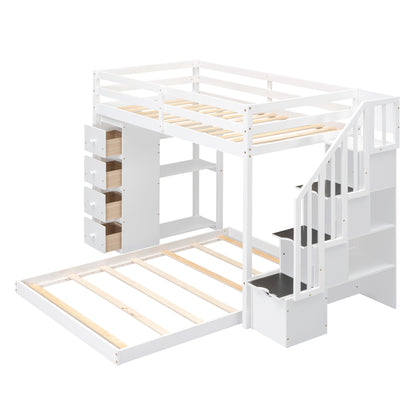 Twin Over Full Bunk Bed with 3-layer Shelves, Drawers and Storage Stairs, White image 10