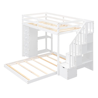 Twin Over Full Bunk Bed with 3-layer Shelves, Drawers and Storage Stairs, White image 8