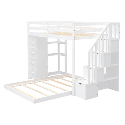 Twin Over Full Bunk Bed with 3-layer Shelves, Drawers and Storage Stairs, White image 3