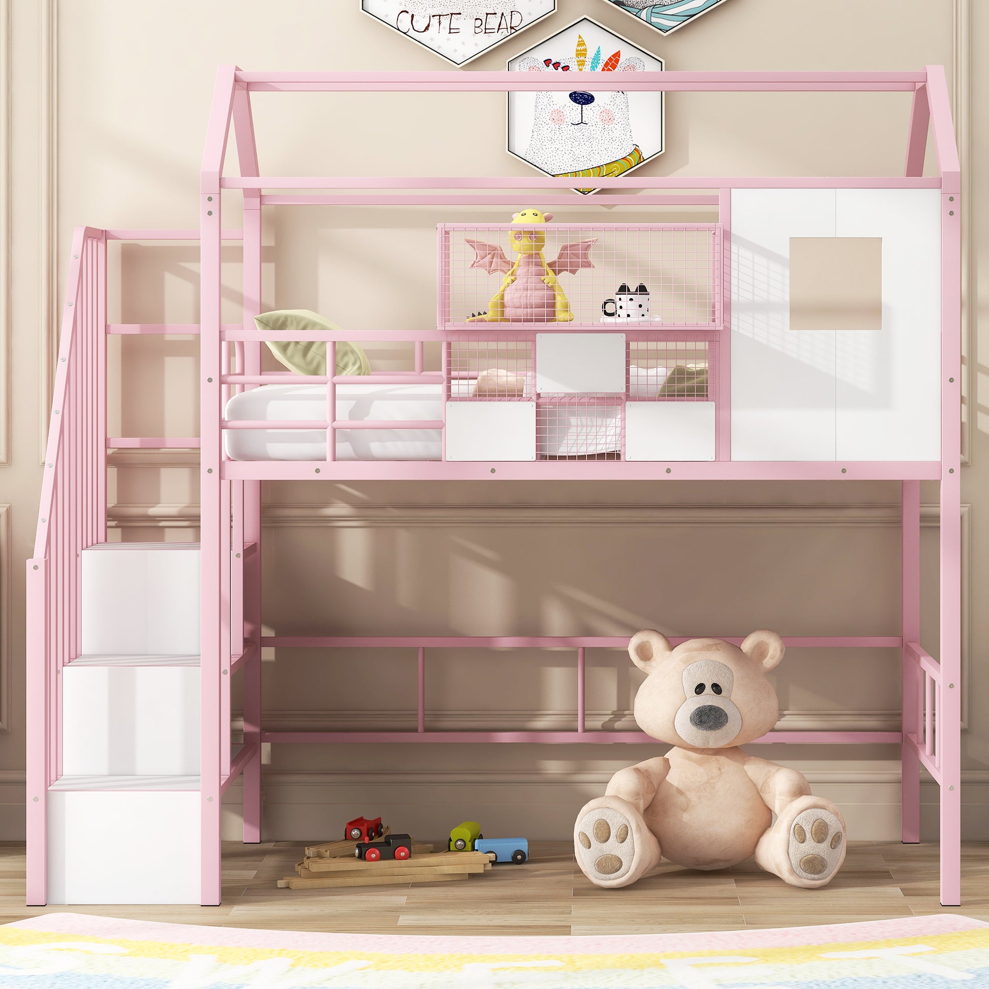 Metal Loft Bed with roof design and a storage box, Twin, Pink image 3
