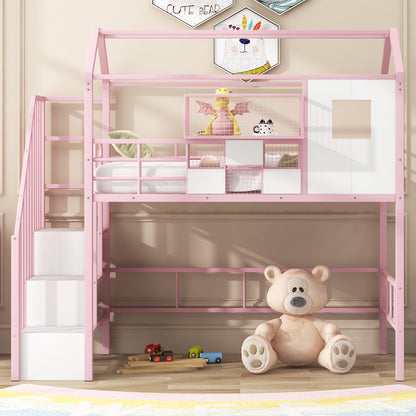 Metal Loft Bed with roof design and a storage box, Twin, Pink image 3