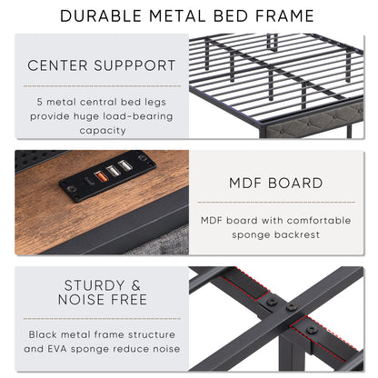 Full Bed Frame with Storage Headboard, Charging Station and LED Lights, Upholstered Platform Bed with Heavy Metal Slats, No Box Spring Needed, Noise Free, Easy Assembly, Dark Gray image 5