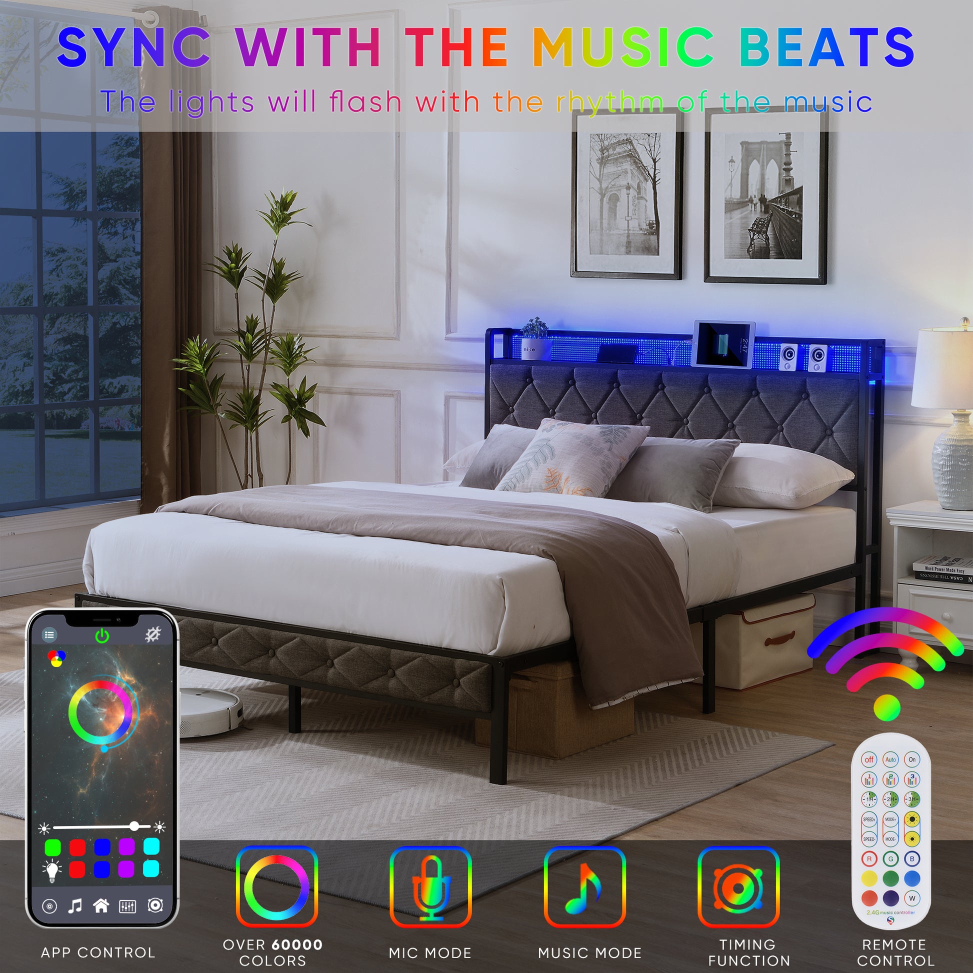 Full Bed Frame with Storage Headboard, Charging Station and LED Lights, Upholstered Platform Bed with Heavy Metal Slats, No Box Spring Needed, Noise Free, Easy Assembly, Dark Gray image 4