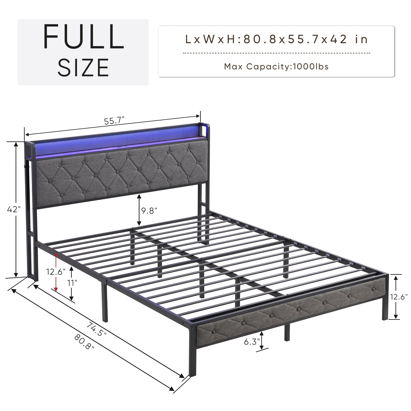 Full Bed Frame with Storage Headboard, Charging Station and LED Lights, Upholstered Platform Bed with Heavy Metal Slats, No Box Spring Needed, Noise Free, Easy Assembly, Dark Gray image 6