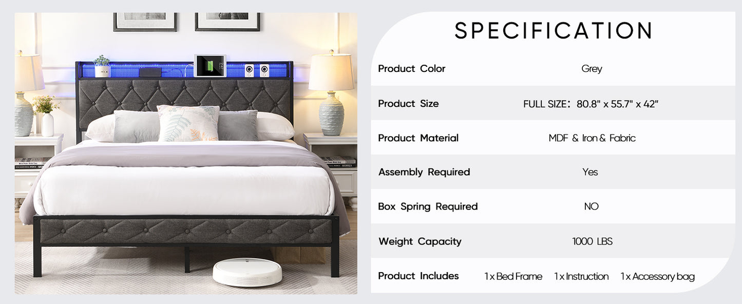 Full Bed Frame with Storage Headboard, Charging Station and LED Lights, Upholstered Platform Bed with Heavy Metal Slats, No Box Spring Needed, Noise Free, Easy Assembly, Dark Gray image 10