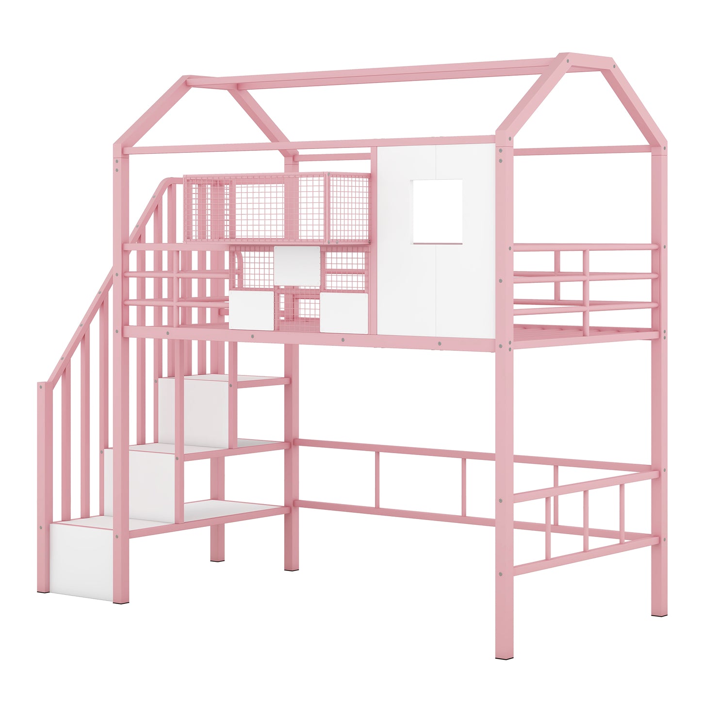 Metal Loft Bed with roof design and a storage box, Twin, Pink image 9