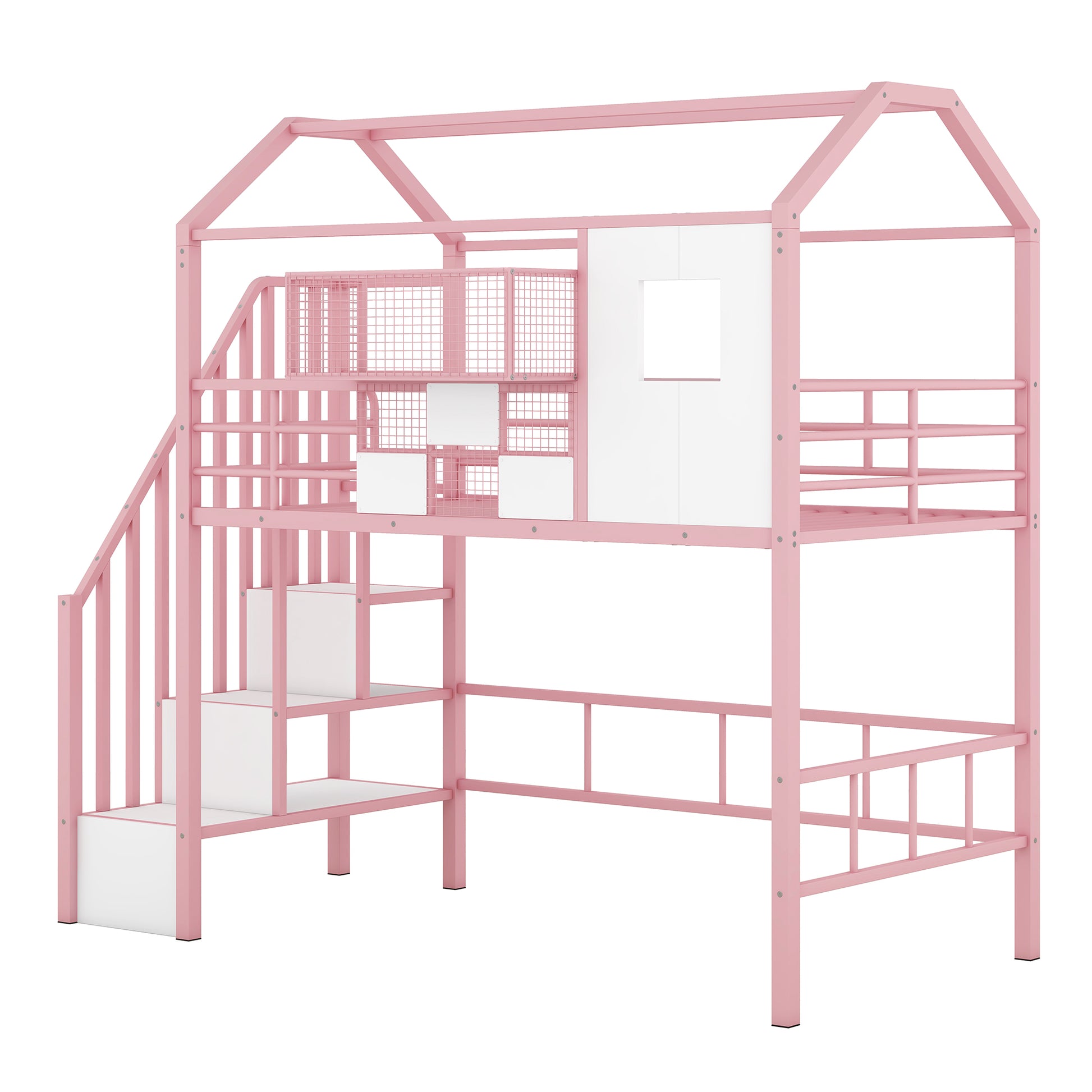 Metal Loft Bed with roof design and a storage box, Twin, Pink image 9