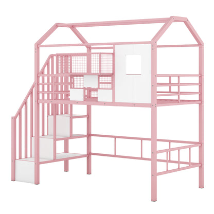 Metal Loft Bed with roof design and a storage box, Twin, Pink image 9