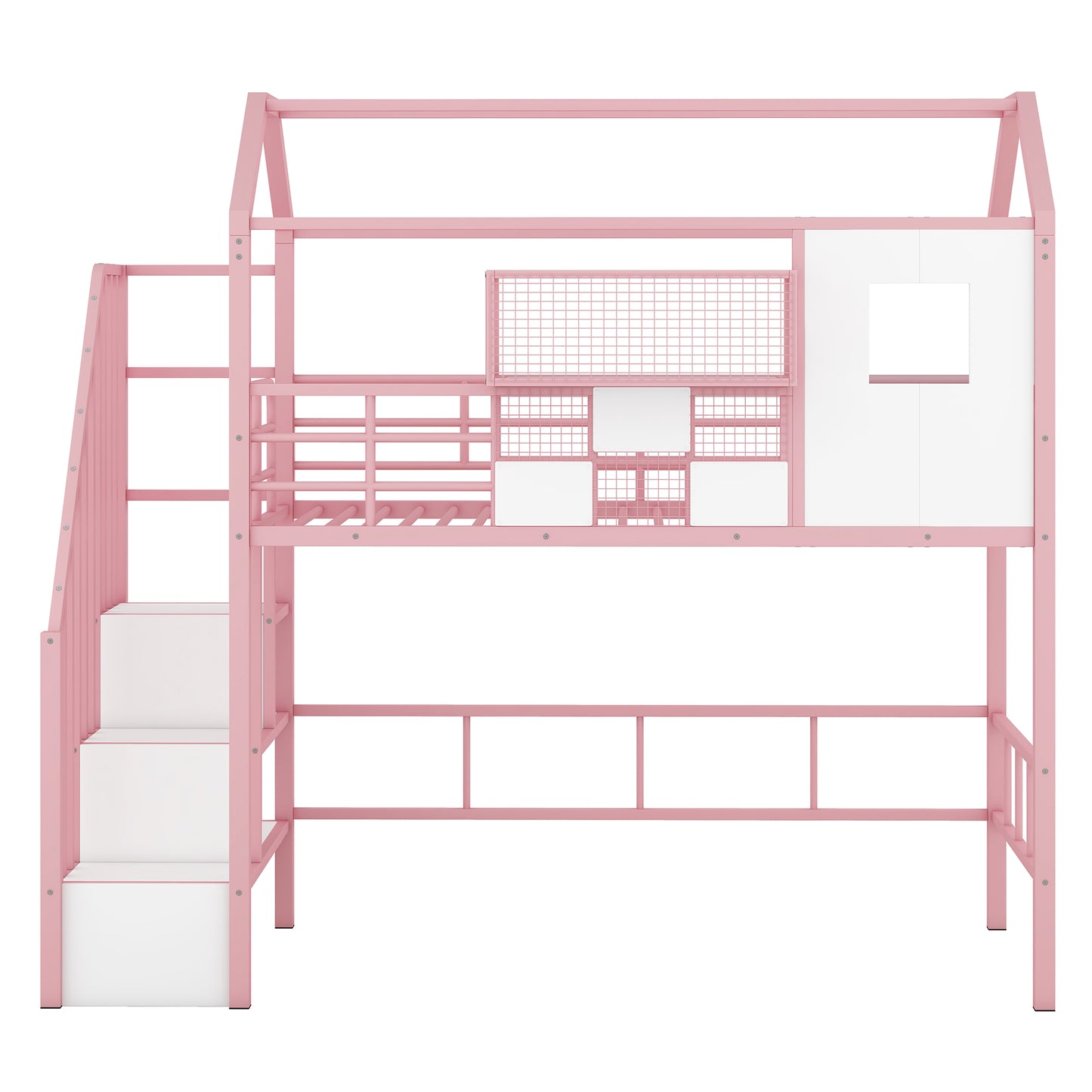 Metal Loft Bed with roof design and a storage box, Twin, Pink image 11