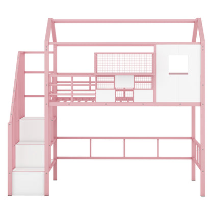 Metal Loft Bed with roof design and a storage box, Twin, Pink image 11