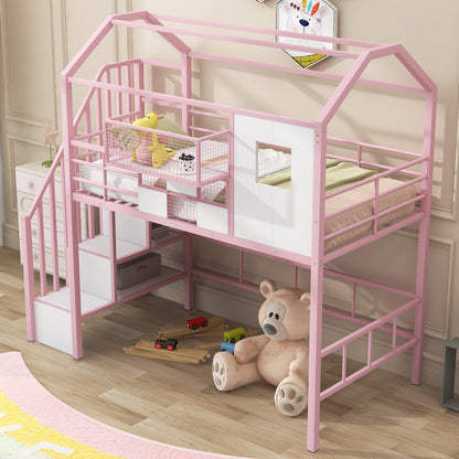 Metal Loft Bed with roof design and a storage box, Twin, Pink image 2