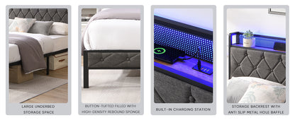 Full Bed Frame with Storage Headboard, Charging Station and LED Lights, Upholstered Platform Bed with Heavy Metal Slats, No Box Spring Needed, Noise Free, Easy Assembly, Dark Gray image 12