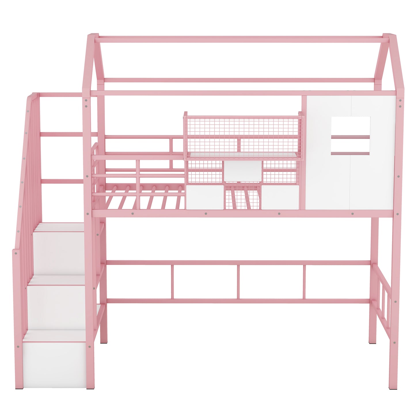 Metal Loft Bed with roof design and a storage box, Twin, Pink image 6