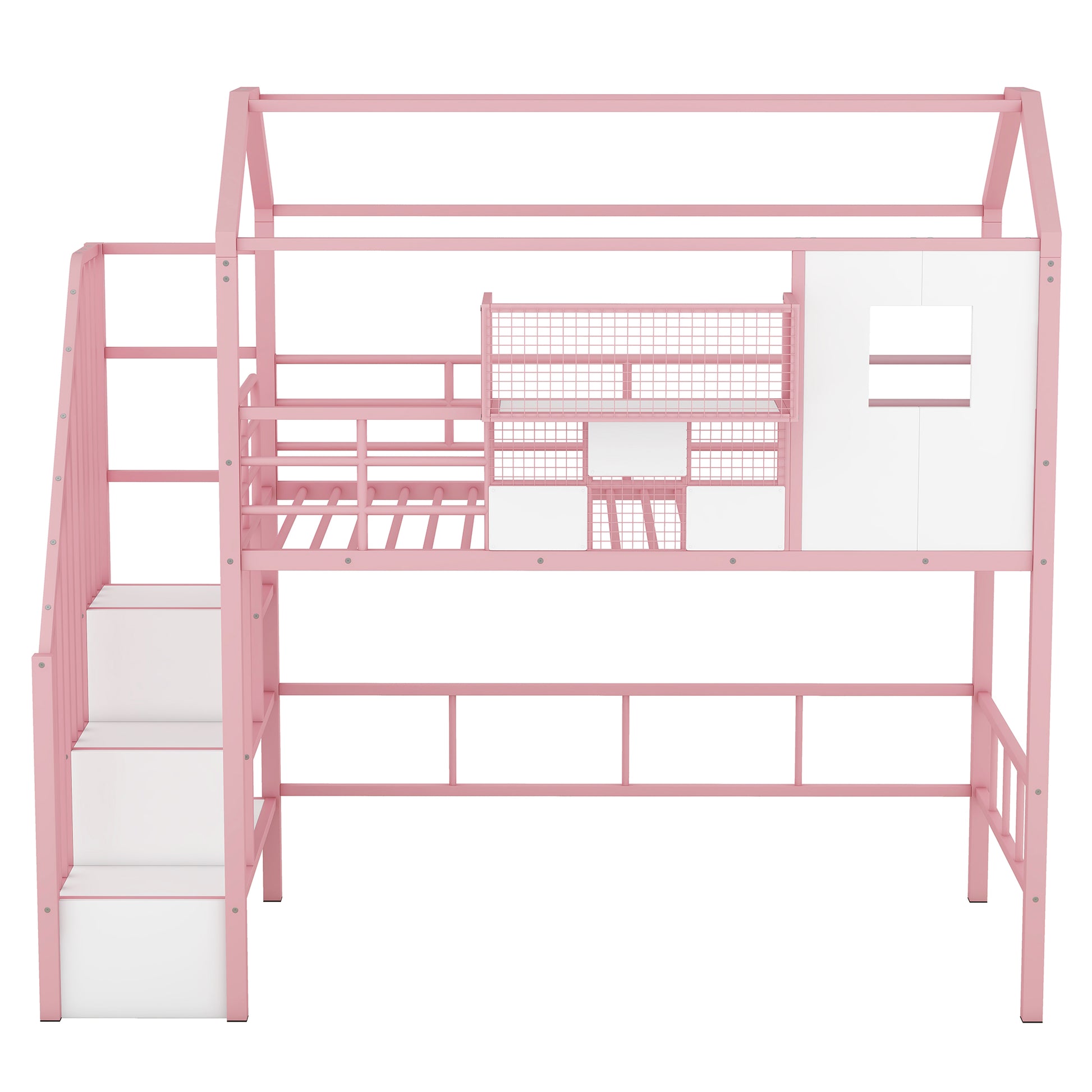 Metal Loft Bed with roof design and a storage box, Twin, Pink image 6