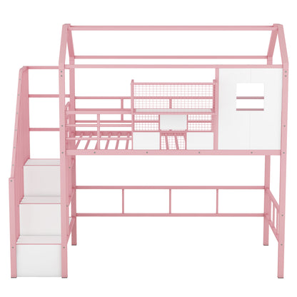 Metal Loft Bed with roof design and a storage box, Twin, Pink image 6