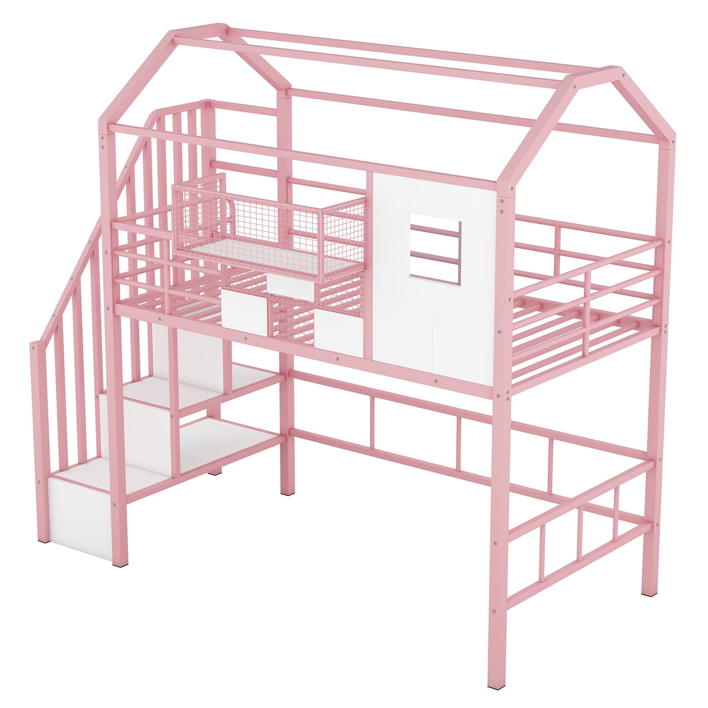 Metal Loft Bed with roof design and a storage box, Twin, Pink image 10