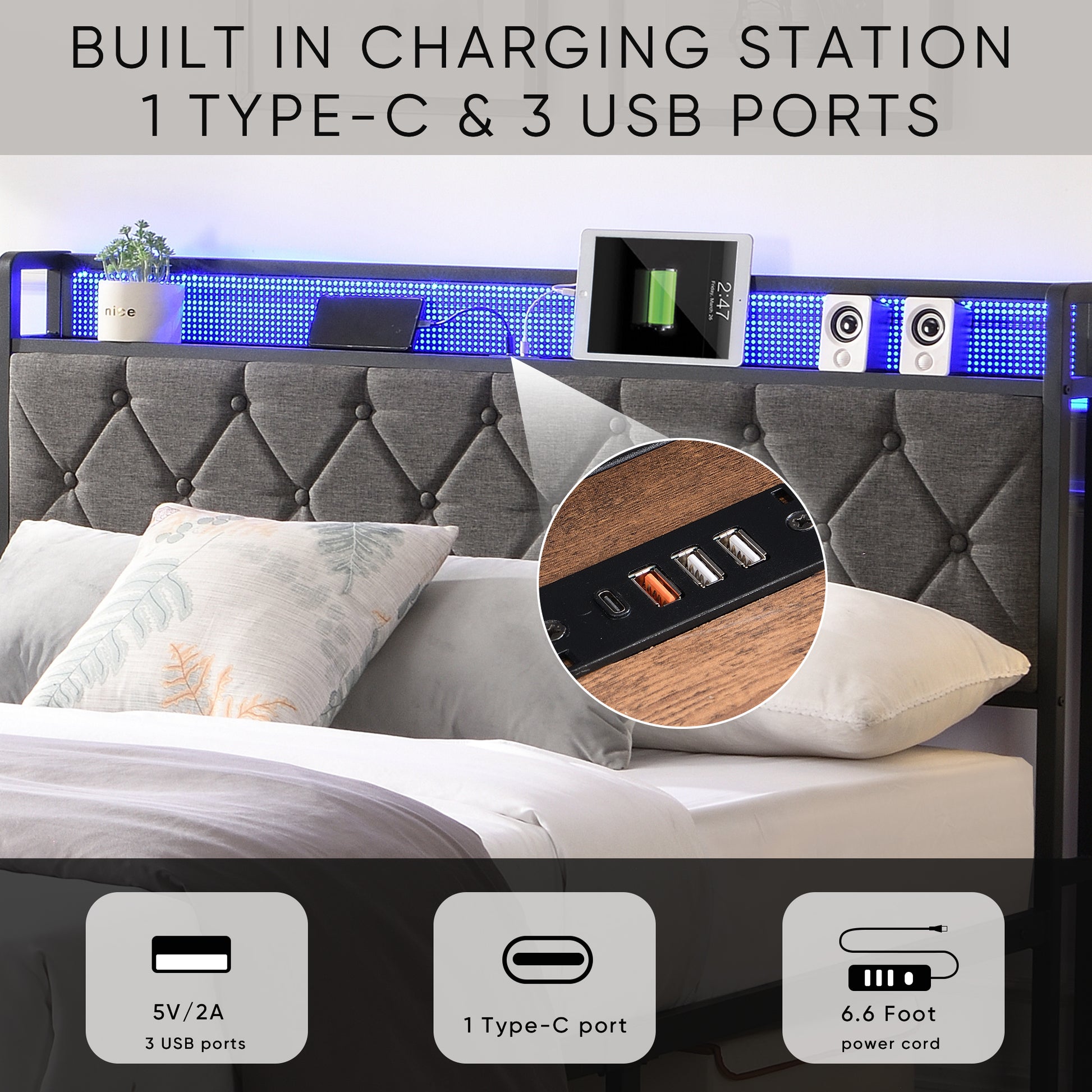 Full Bed Frame with Storage Headboard, Charging Station and LED Lights, Upholstered Platform Bed with Heavy Metal Slats, No Box Spring Needed, Noise Free, Easy Assembly, Dark Gray image 2