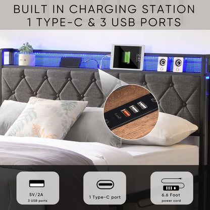 Full Bed Frame with Storage Headboard, Charging Station and LED Lights, Upholstered Platform Bed with Heavy Metal Slats, No Box Spring Needed, Noise Free, Easy Assembly, Dark Gray image 2