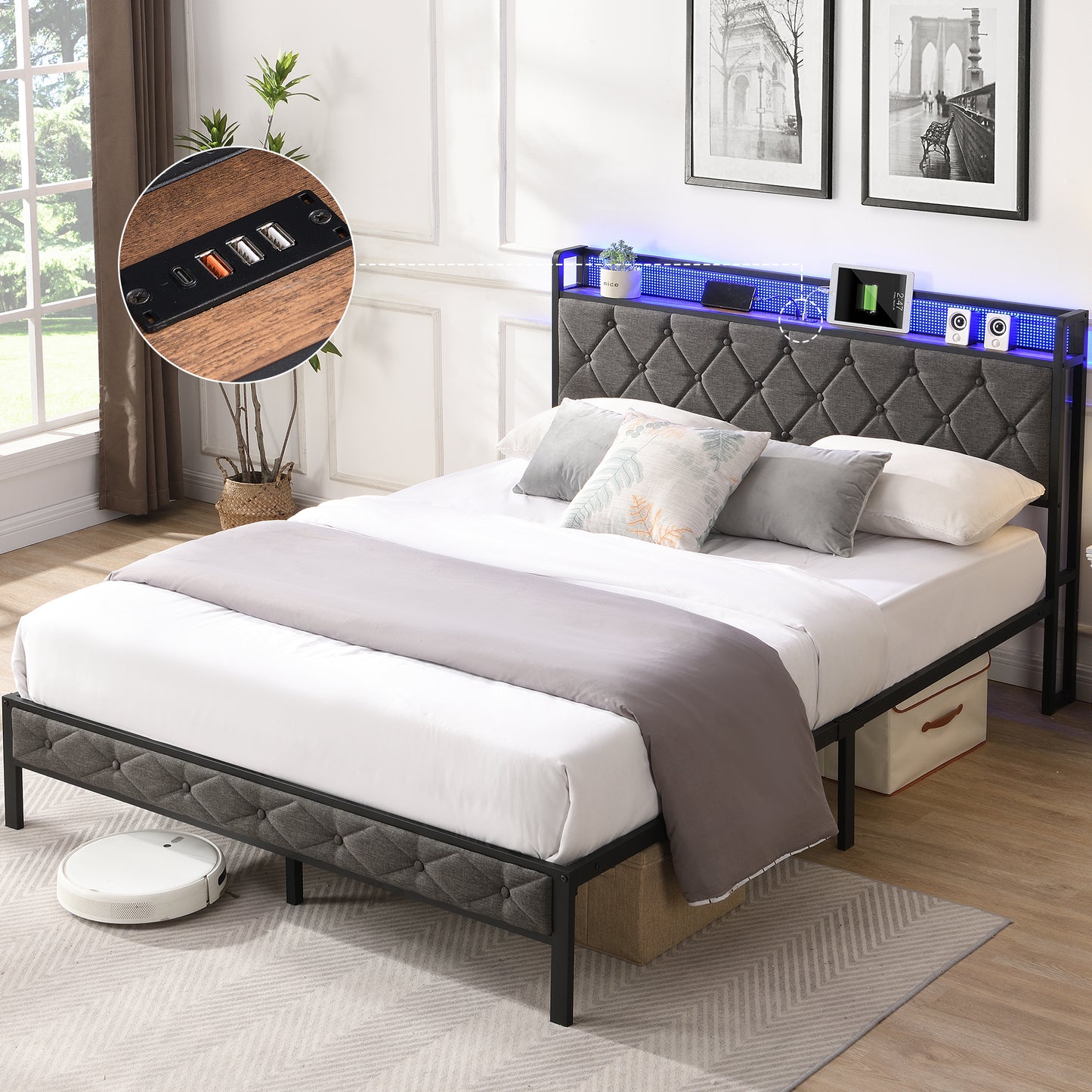 Full Bed Frame with Storage Headboard, Charging Station and LED Lights, Upholstered Platform Bed with Heavy Metal Slats, No Box Spring Needed, Noise Free, Easy Assembly, Dark Gray image 1