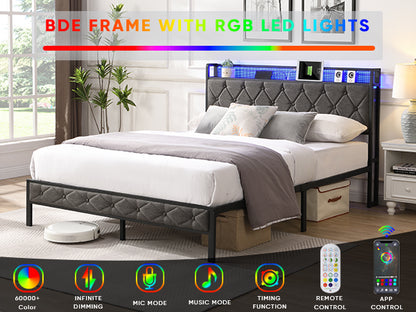 Full Bed Frame with Storage Headboard, Charging Station and LED Lights, Upholstered Platform Bed with Heavy Metal Slats, No Box Spring Needed, Noise Free, Easy Assembly, Dark Gray image 9