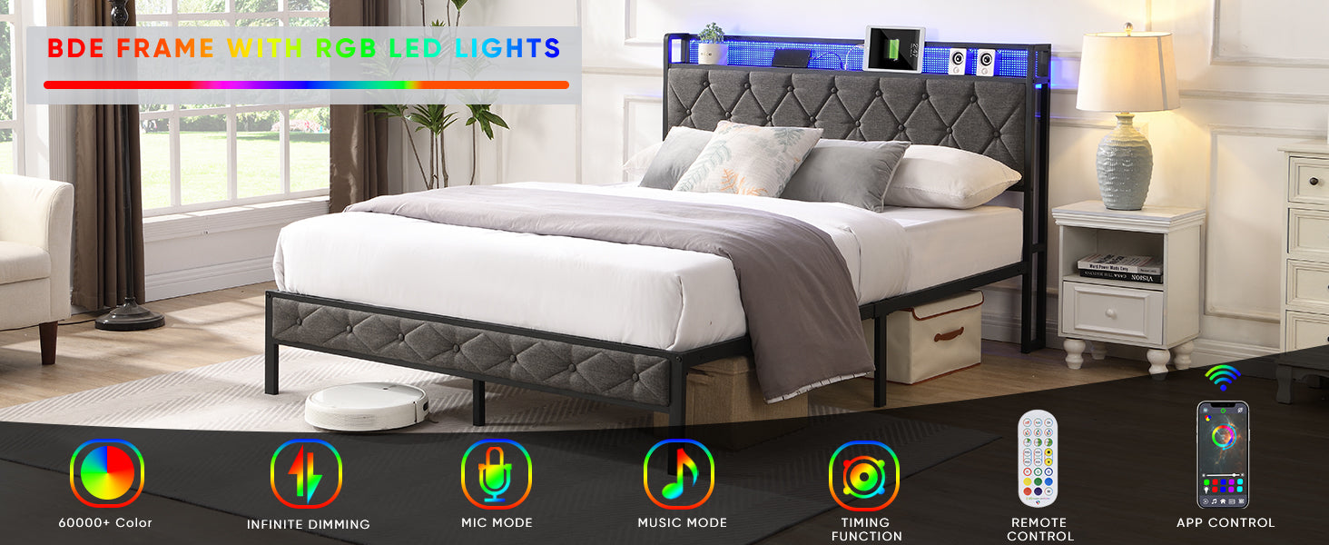 Full Bed Frame with Storage Headboard, Charging Station and LED Lights, Upholstered Platform Bed with Heavy Metal Slats, No Box Spring Needed, Noise Free, Easy Assembly, Dark Gray image 8