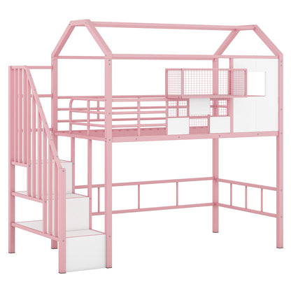 Metal Loft Bed with roof design and a storage box, Twin, Pink image 12