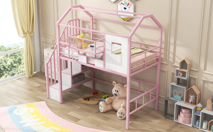 Metal Loft Bed with roof design and a storage box, Twin, Pink image 4