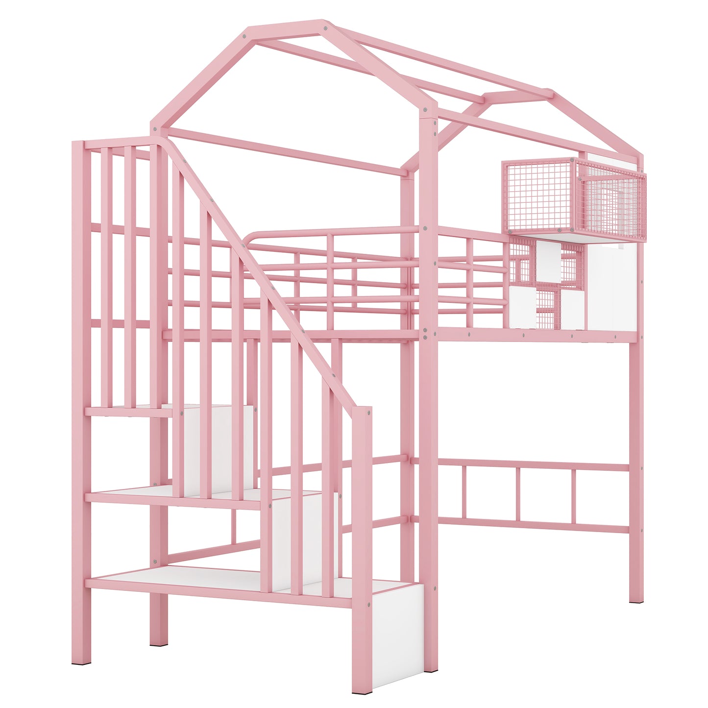 Metal Loft Bed with roof design and a storage box, Twin, Pink image 8