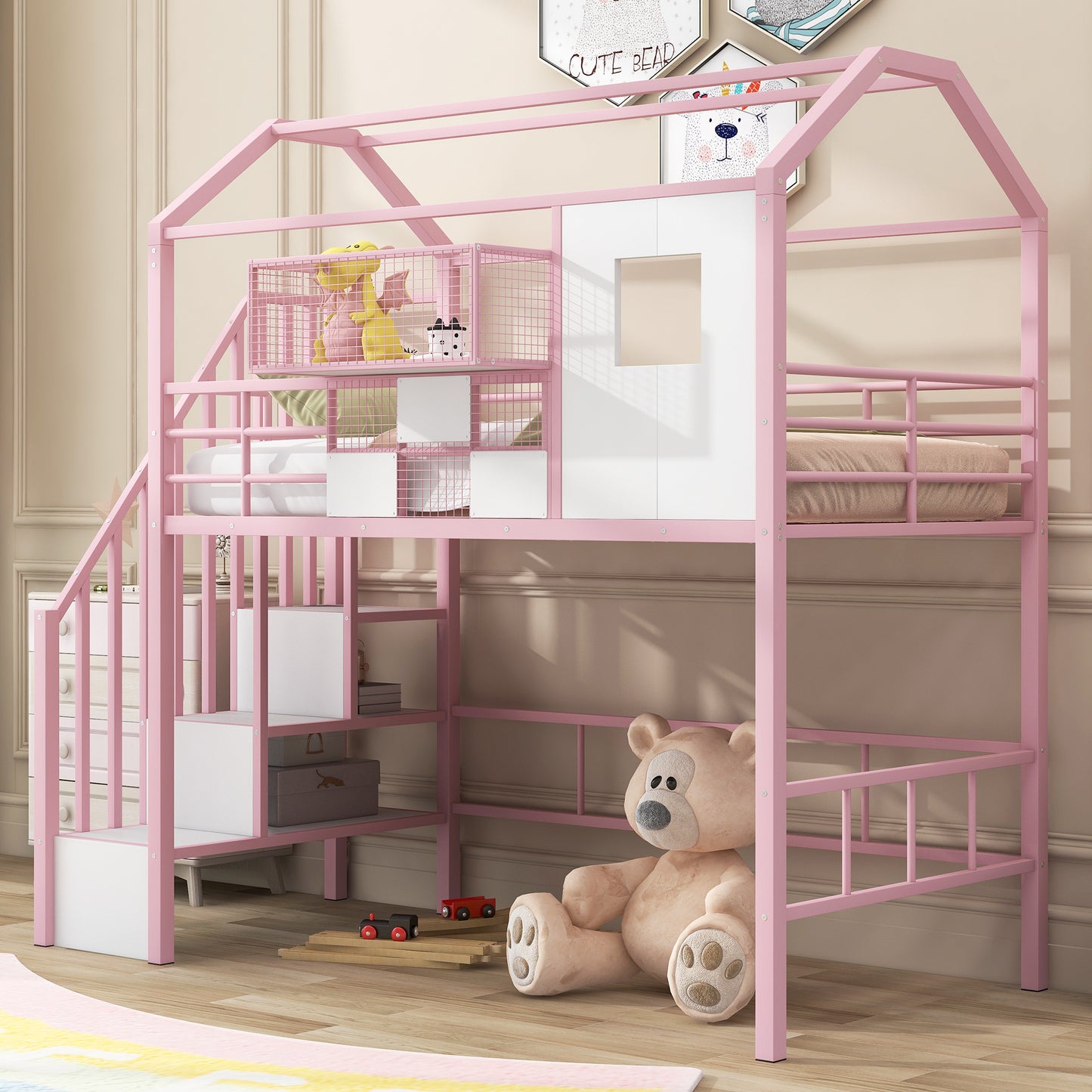 Metal Loft Bed with roof design and a storage box, Twin, Pink image 1