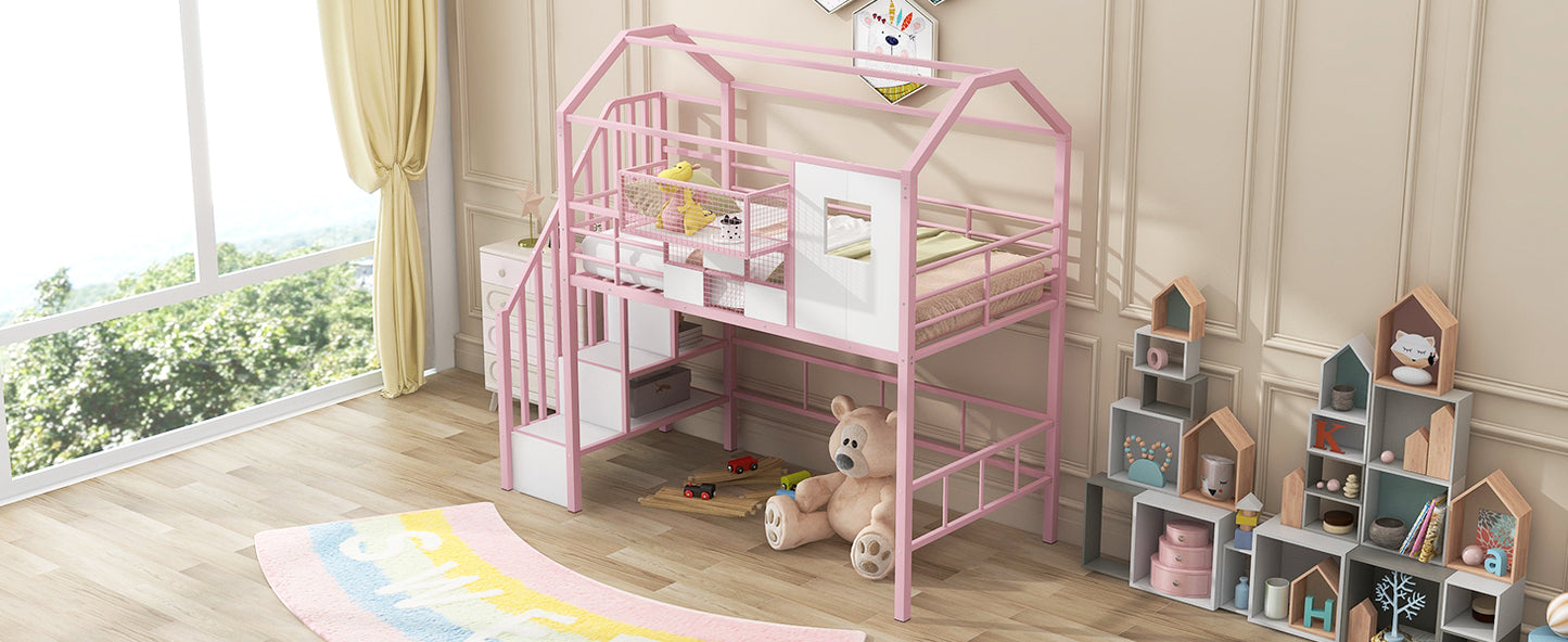 Metal Loft Bed with roof design and a storage box, Twin, Pink image 5