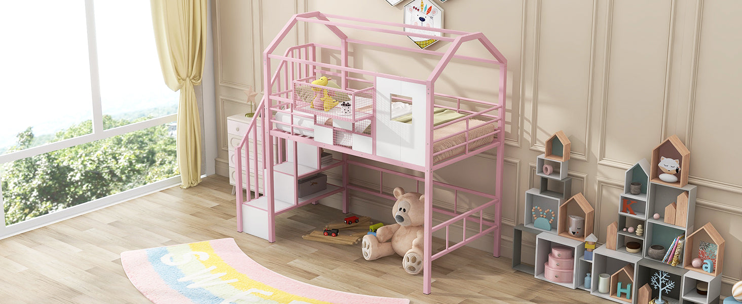 Metal Loft Bed with roof design and a storage box, Twin, Pink image 5