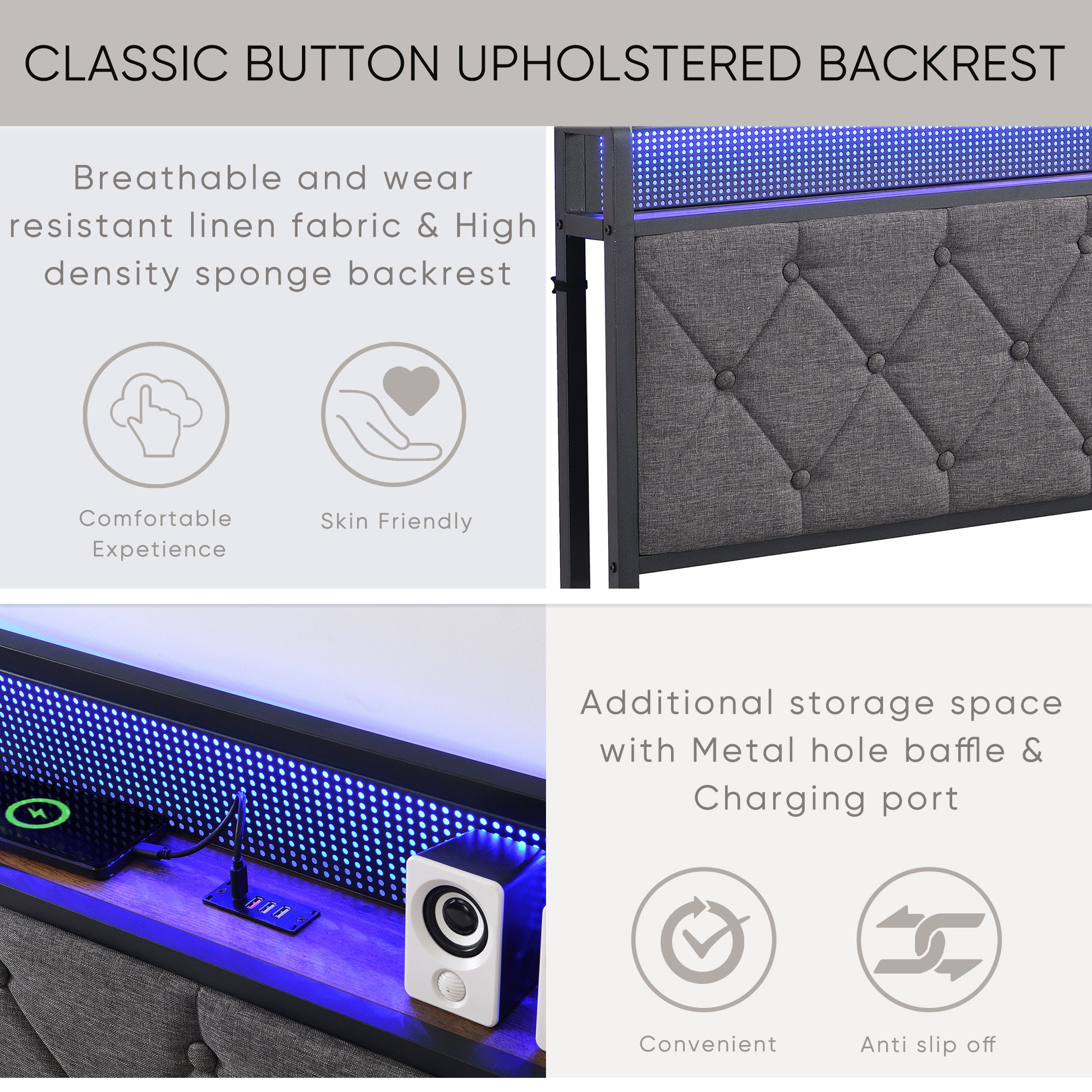 Full Bed Frame with Storage Headboard, Charging Station and LED Lights, Upholstered Platform Bed with Heavy Metal Slats, No Box Spring Needed, Noise Free, Easy Assembly, Dark Gray image 7