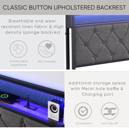 Full Bed Frame with Storage Headboard, Charging Station and LED Lights, Upholstered Platform Bed with Heavy Metal Slats, No Box Spring Needed, Noise Free, Easy Assembly, Dark Gray image 7