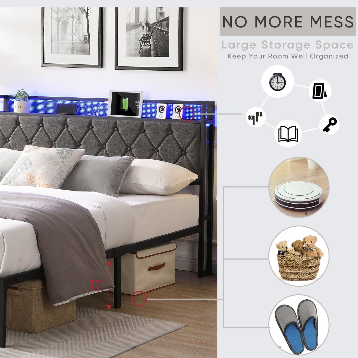 Full Bed Frame with Storage Headboard, Charging Station and LED Lights, Upholstered Platform Bed with Heavy Metal Slats, No Box Spring Needed, Noise Free, Easy Assembly, Dark Gray image 3