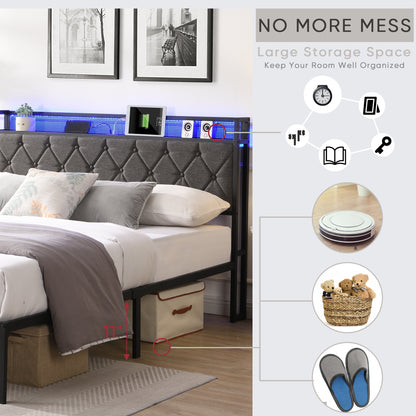 Full Bed Frame with Storage Headboard, Charging Station and LED Lights, Upholstered Platform Bed with Heavy Metal Slats, No Box Spring Needed, Noise Free, Easy Assembly, Dark Gray image 3