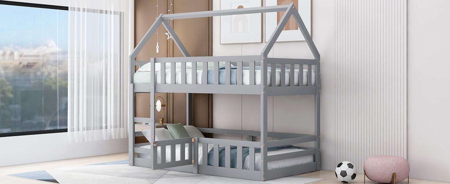 Twin over Twin House Bunk Bed with Fence and Door, Gray(Old SKU:WF313047AAE) image 5