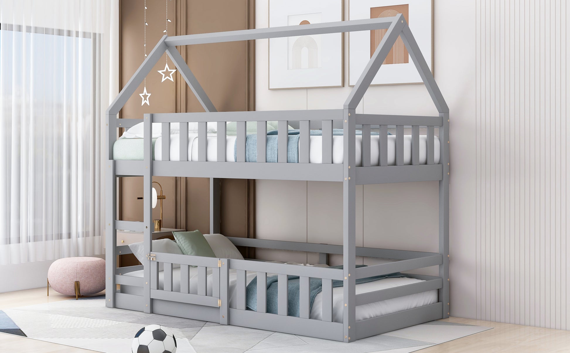Twin over Twin House Bunk Bed with Fence and Door, Gray(Old SKU:WF313047AAE) image 4