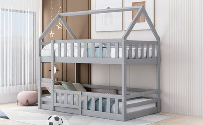 Twin over Twin House Bunk Bed with Fence and Door, Gray(Old SKU:WF313047AAE) image 4
