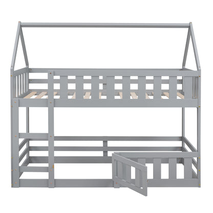 Twin over Twin House Bunk Bed with Fence and Door, Gray(Old SKU:WF313047AAE) image 8