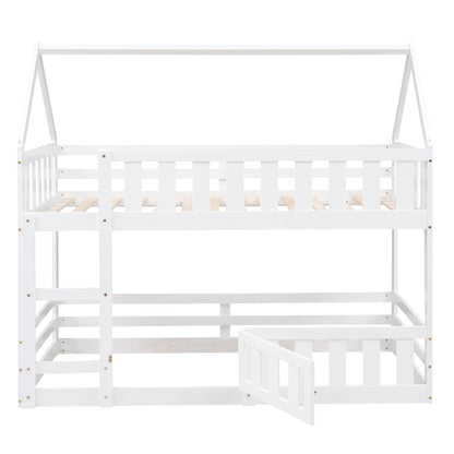 Twin over Twin House Bunk Bed with Fence and Door, White(Old SKU:WF313047AAK) image 9