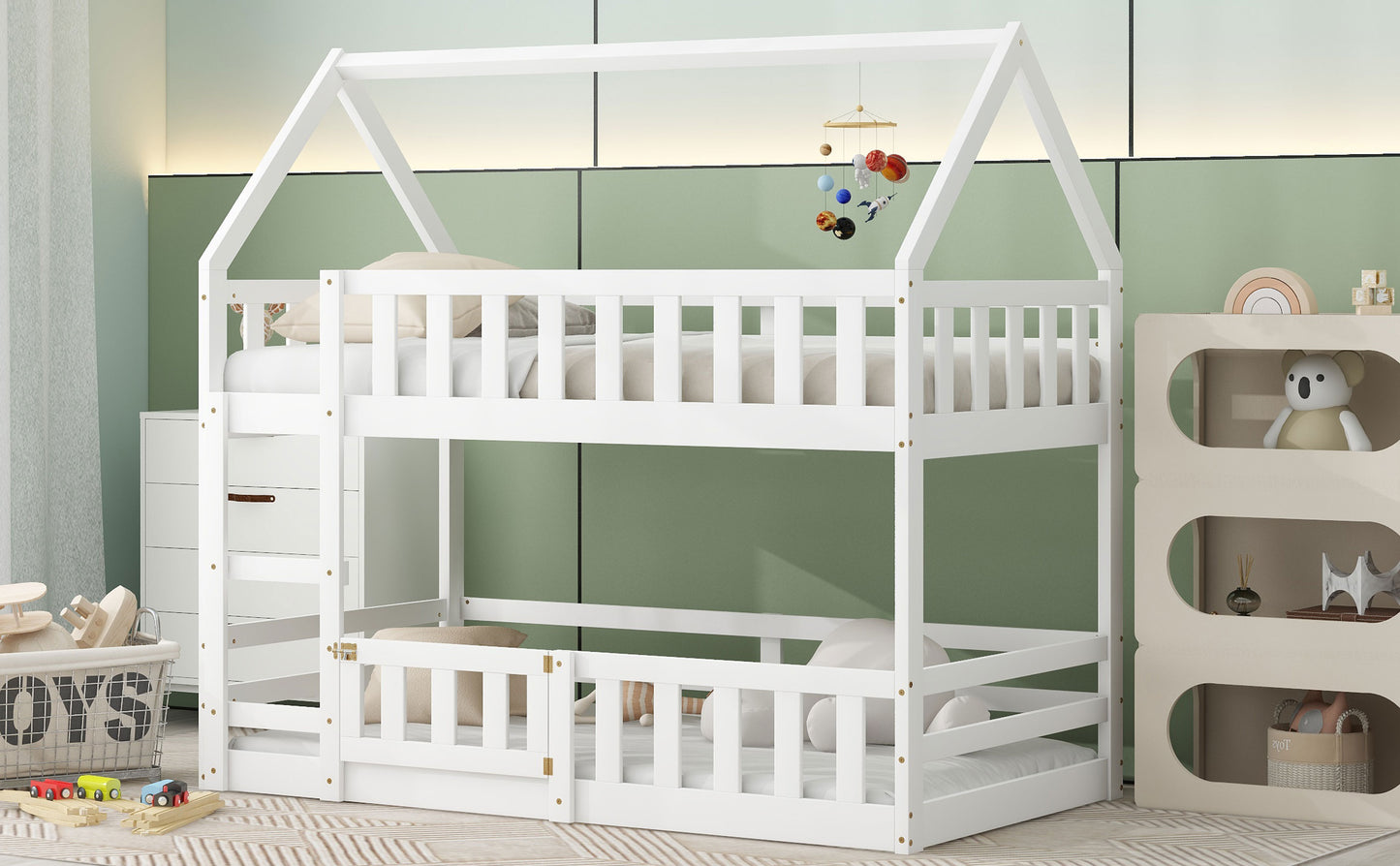 Twin over Twin House Bunk Bed with Fence and Door, White(Old SKU:WF313047AAK) image 4