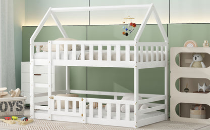 Twin over Twin House Bunk Bed with Fence and Door, White(Old SKU:WF313047AAK) image 4