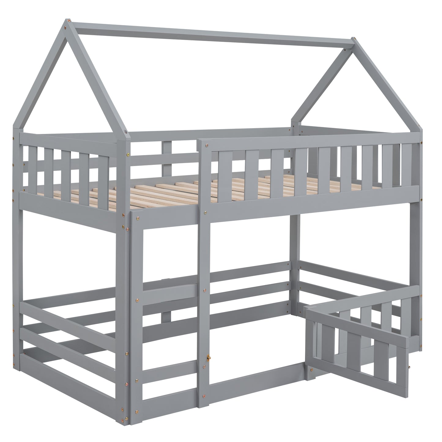 Twin over Twin House Bunk Bed with Fence and Door, Gray(Old SKU:WF313047AAE) image 11