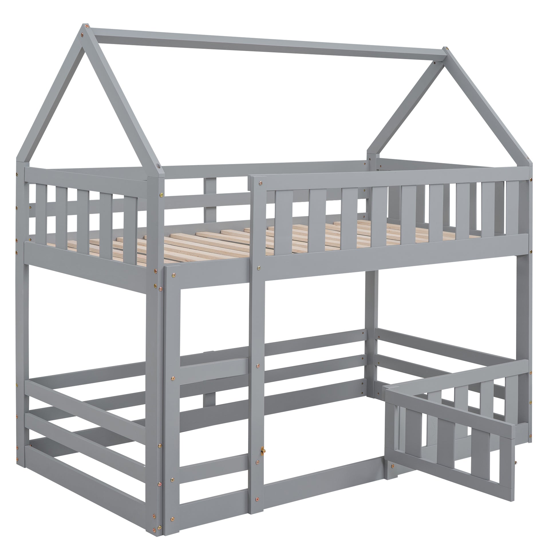 Twin over Twin House Bunk Bed with Fence and Door, Gray(Old SKU:WF313047AAE) image 11