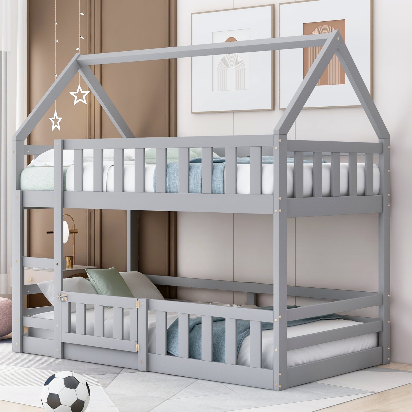 Twin over Twin House Bunk Bed with Fence and Door, Gray(Old SKU:WF313047AAE) image 1