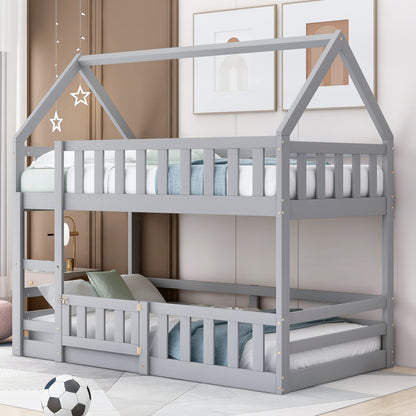 Twin over Twin House Bunk Bed with Fence and Door, Gray(Old SKU:WF313047AAE) image 1