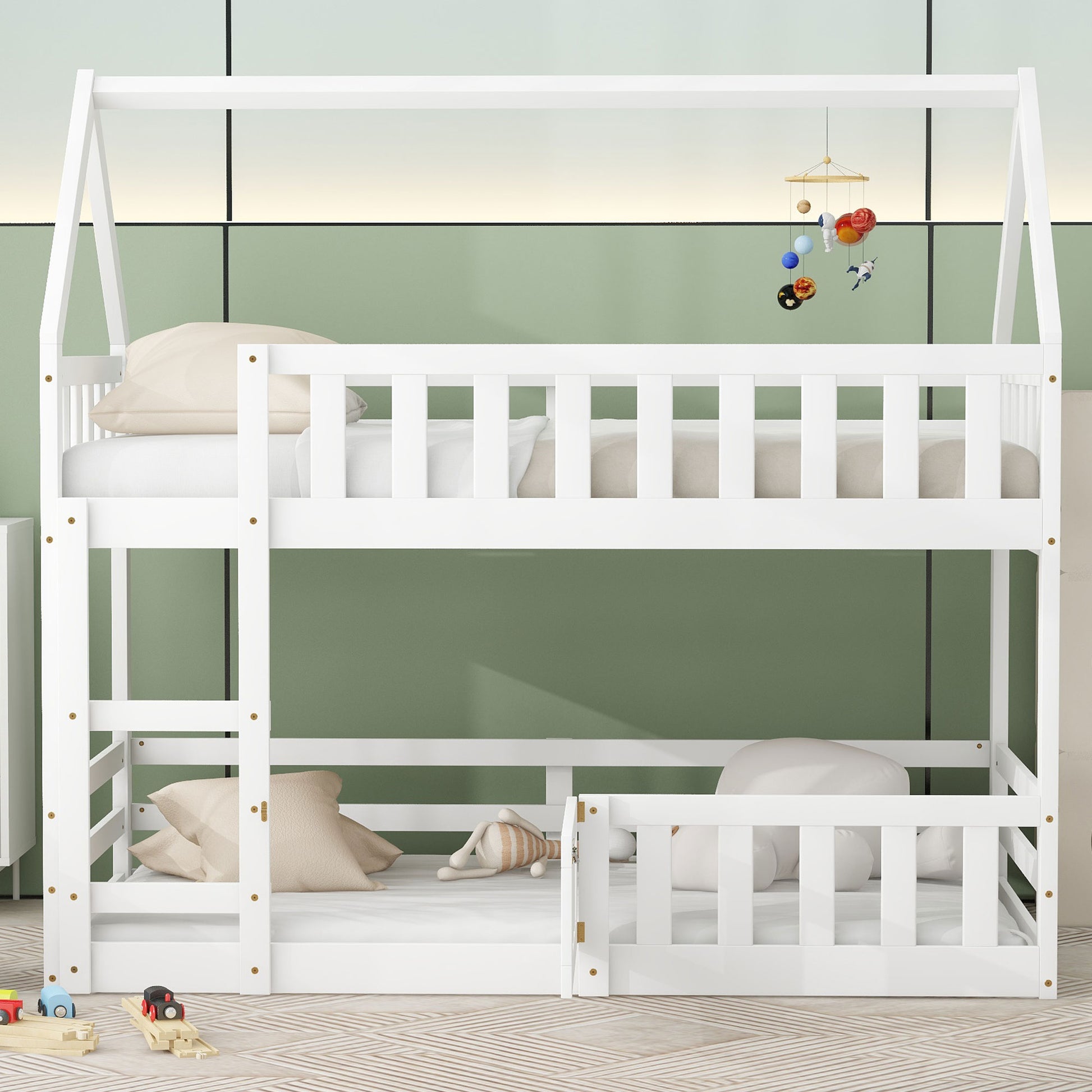 Twin over Twin House Bunk Bed with Fence and Door, White(Old SKU:WF313047AAK) image 3