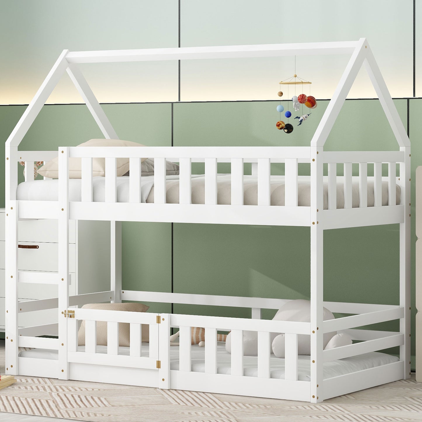 Twin over Twin House Bunk Bed with Fence and Door, White(Old SKU:WF313047AAK) image 1