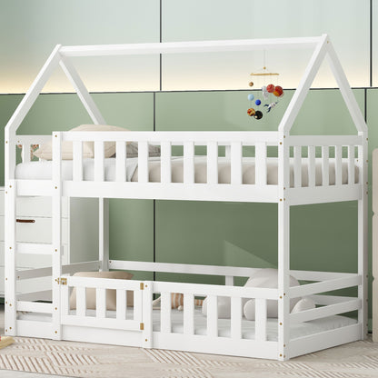 Twin over Twin House Bunk Bed with Fence and Door, White(Old SKU:WF313047AAK) image 1