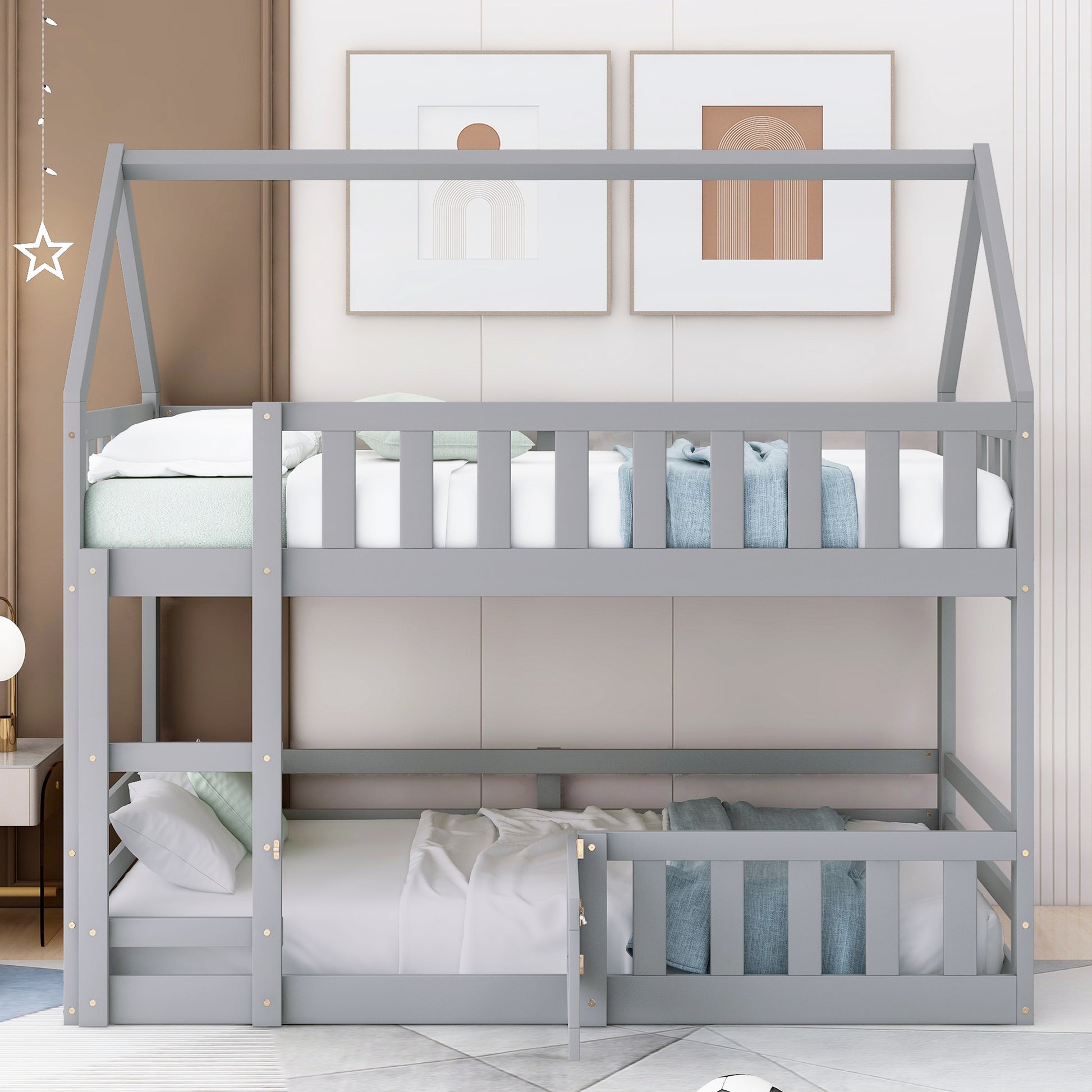 Twin over Twin House Bunk Bed with Fence and Door, Gray(Old SKU:WF313047AAE) image 3